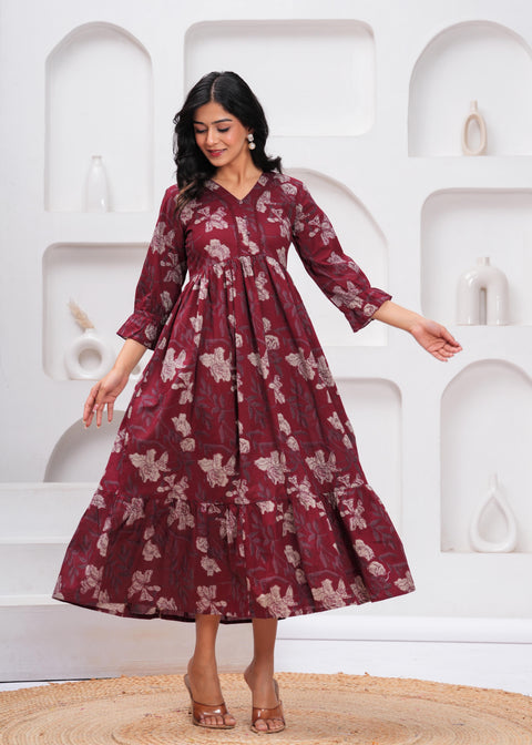 Burgundy Floral Printed Flared Dress for Women