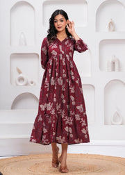 Burgundy Floral Printed Flared Dress for Women