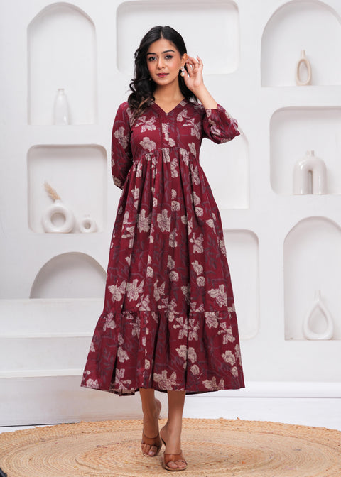 Burgundy Floral Printed Flared Dress for Women