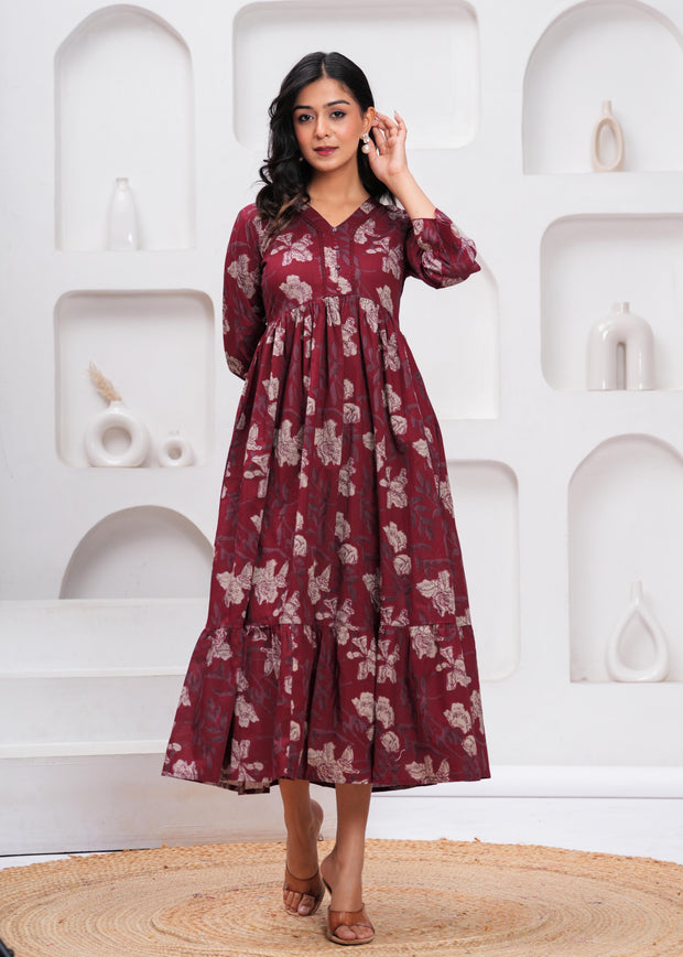 Burgundy Floral Printed Flared Dress for Women