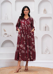 Burgundy Floral Printed Flared Dress for Women