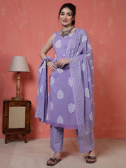 Purple Printed Kurta Set with Dupatta for Women