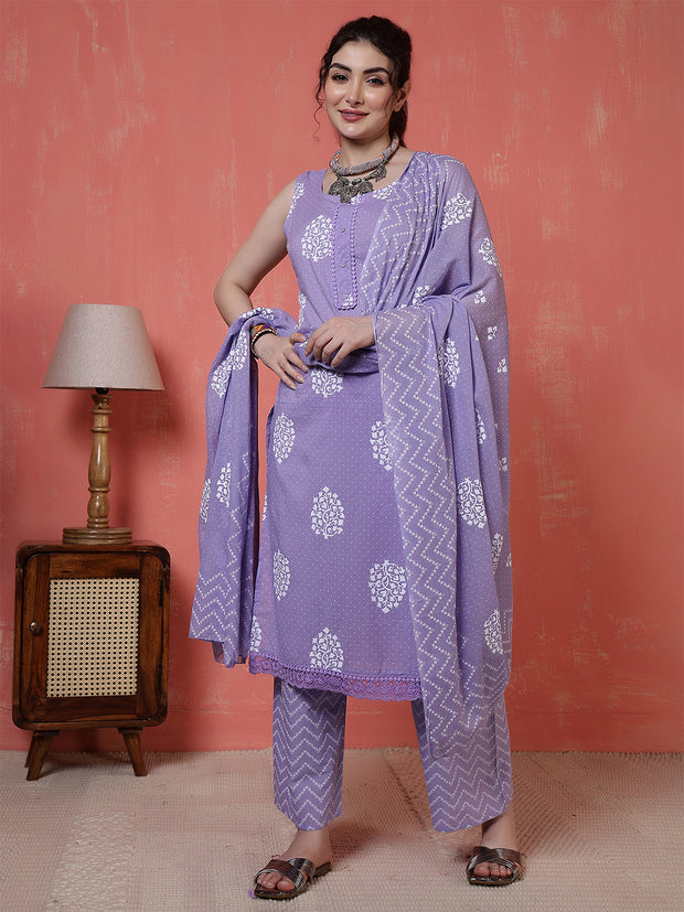 Purple Printed Kurta Set with Dupatta for Women