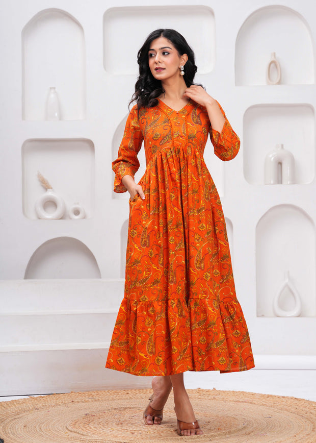 Orange Floral Printed Flared Dress for Women