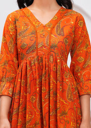 Orange Floral Printed Flared Dress for Women