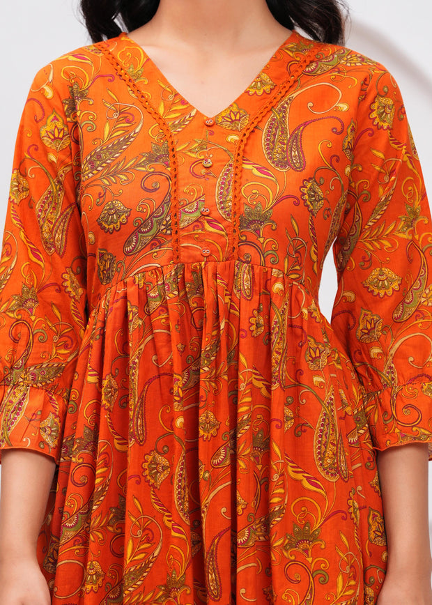 Orange Floral Printed Flared Dress for Women