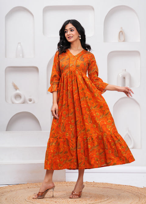 Orange Floral Printed Flared Dress for Women