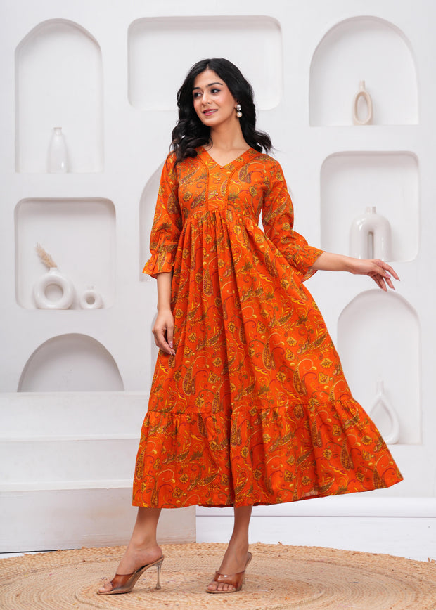 Orange Floral Printed Flared Dress for Women