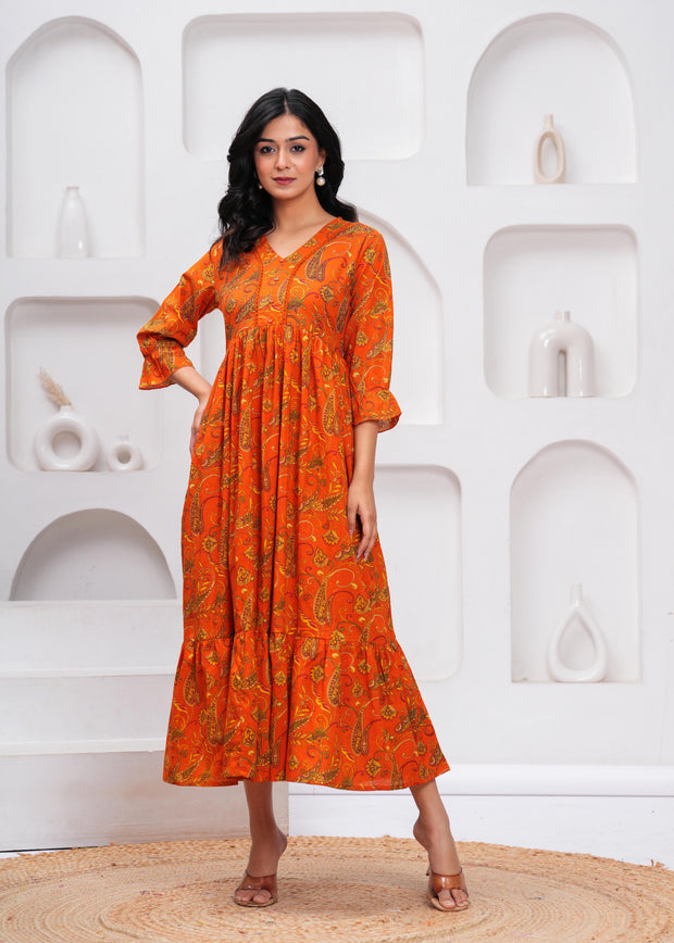 Orange Floral Printed Flared Dress for Women