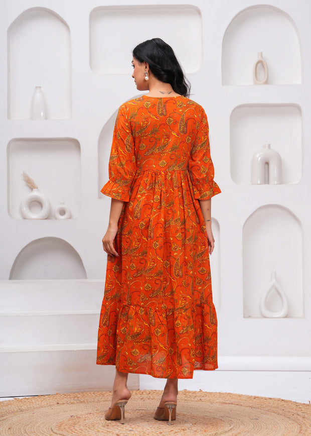 Orange Floral Printed Flared Dress for Women