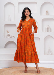 Orange Floral Printed Flared Dress for Women
