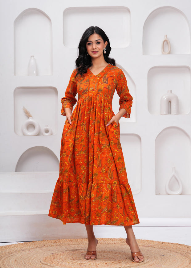 Orange Floral Printed Flared Dress for Women