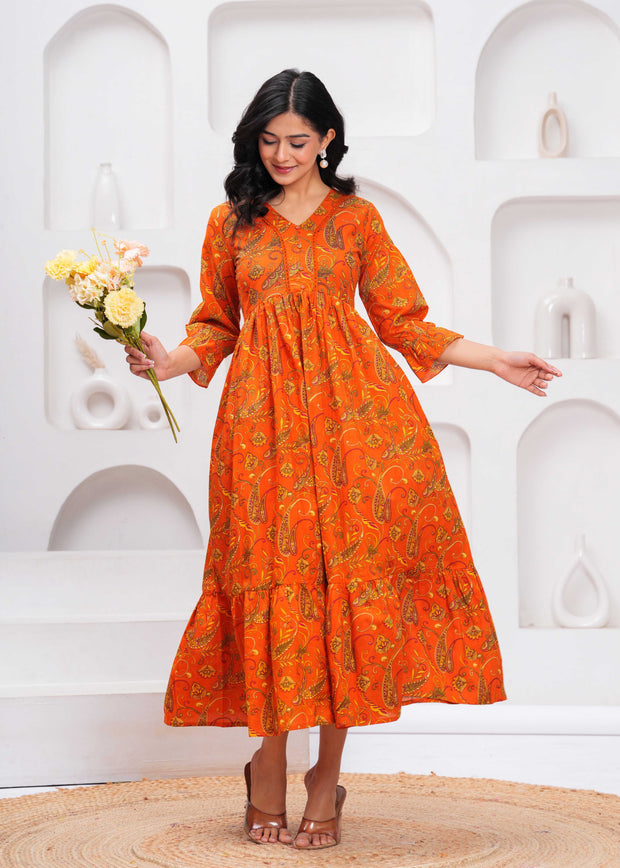 Orange Floral Printed Flared Dress for Women