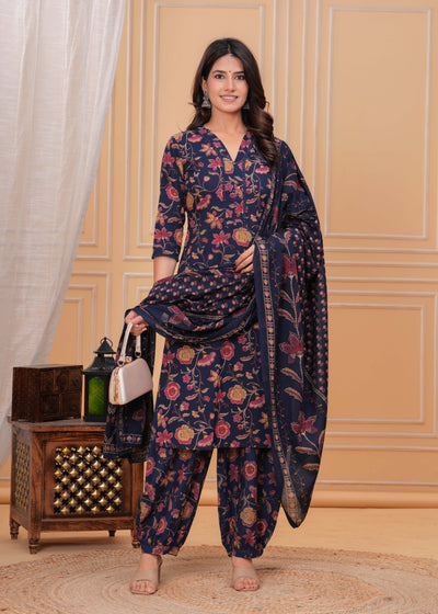 Blue Printed Straight Kurta Set With Dupatta for Women