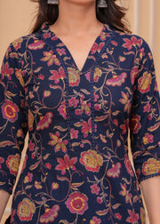 Blue Printed Straight Kurta Set With Dupatta for Women