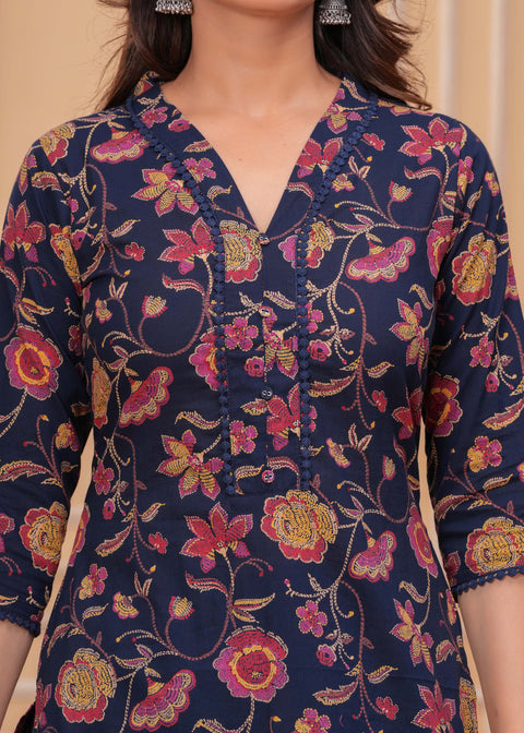 Blue Printed Straight Kurta Set With Dupatta for Women
