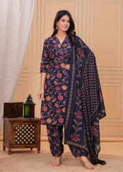 Blue Printed Straight Kurta Set With Dupatta for Women