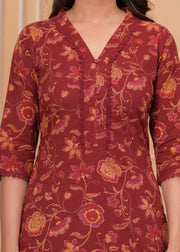 Maroon Printed Straight Kurta Set With Dupatta for Women