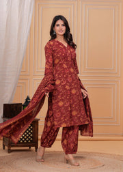 Maroon Printed Straight Kurta Set With Dupatta for Women