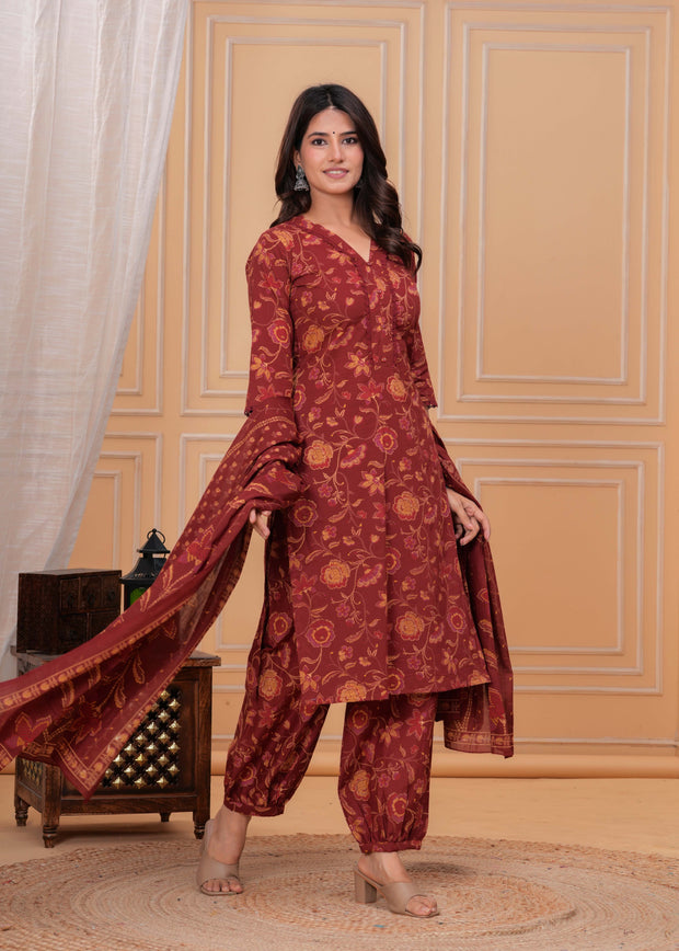 Maroon Printed Straight Kurta Set With Dupatta for Women