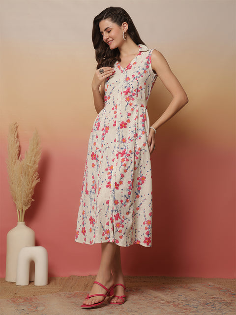 White Printed Notched Collar Dress for Women