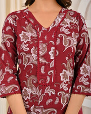 Burgundy Printed Straight Kurta Set With Dupatta for Women