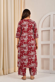 Burgundy Printed Straight Kurta Set With Dupatta for Women