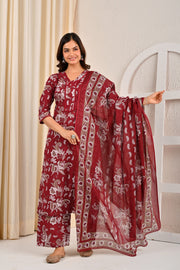 Burgundy Printed Straight Kurta Set With Dupatta for Women