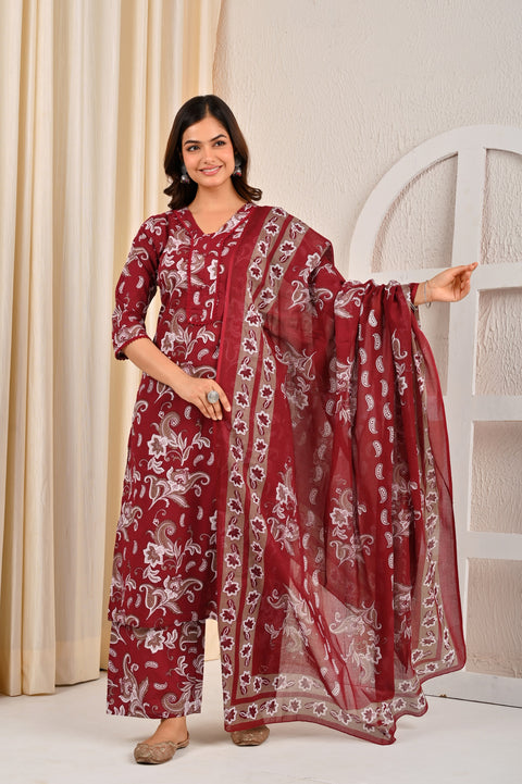 Burgundy Printed Straight Kurta Set With Dupatta for Women