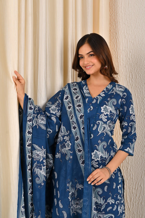 Blue Printed Straight Kurta Set With Dupatta for Women