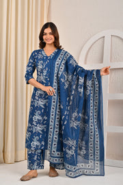 Blue Printed Straight Kurta Set With Dupatta for Women