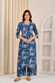 Blue Printed Straight Kurta Set With Dupatta for Women