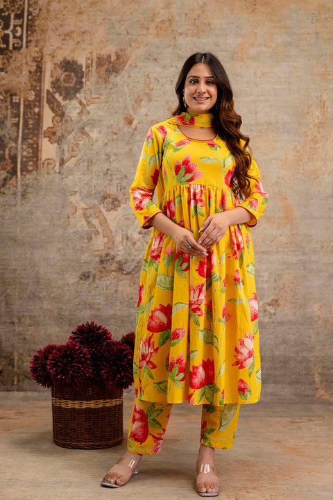 Yellow Floral Printed Kurta Set With Dupatta for Women