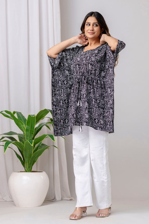 Black Printed Kaftan Kurta for Women