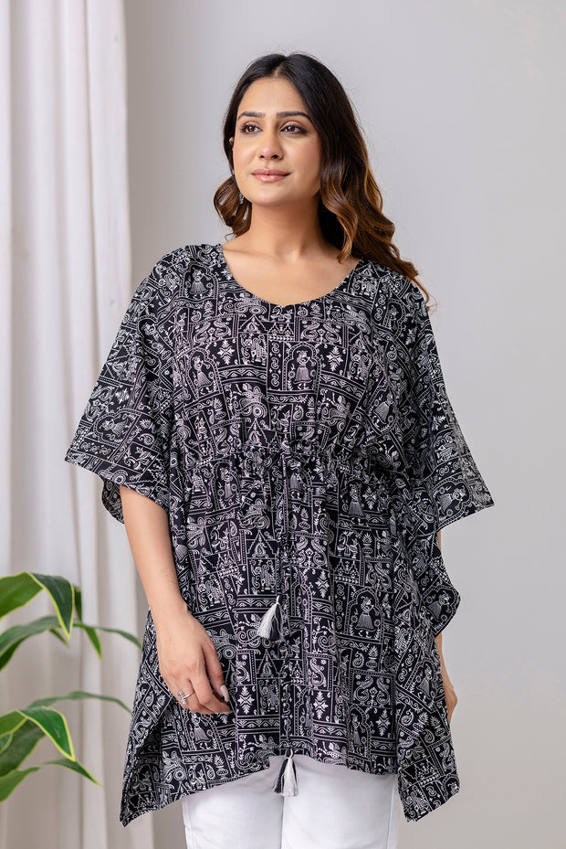Black Printed Kaftan Kurta for Women
