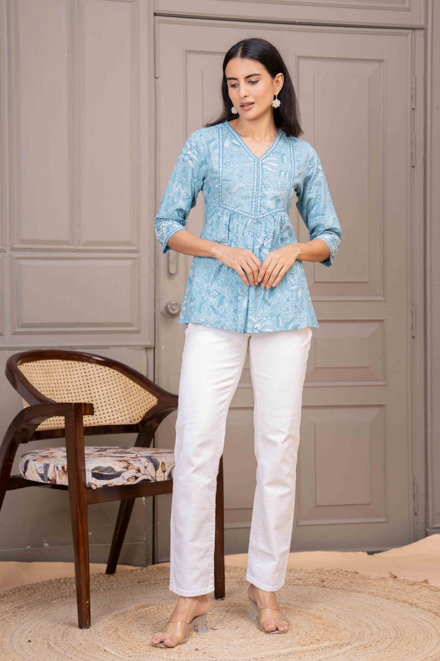 Sky Blue Printed Top For Women