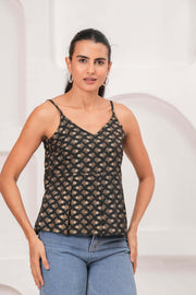 Black Printed Sleeveless Top for Women