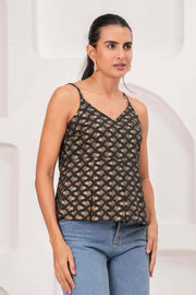 Black Printed Sleeveless Top for Women