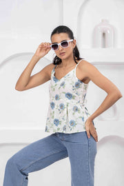 White Printed Sleeveless Top for Women
