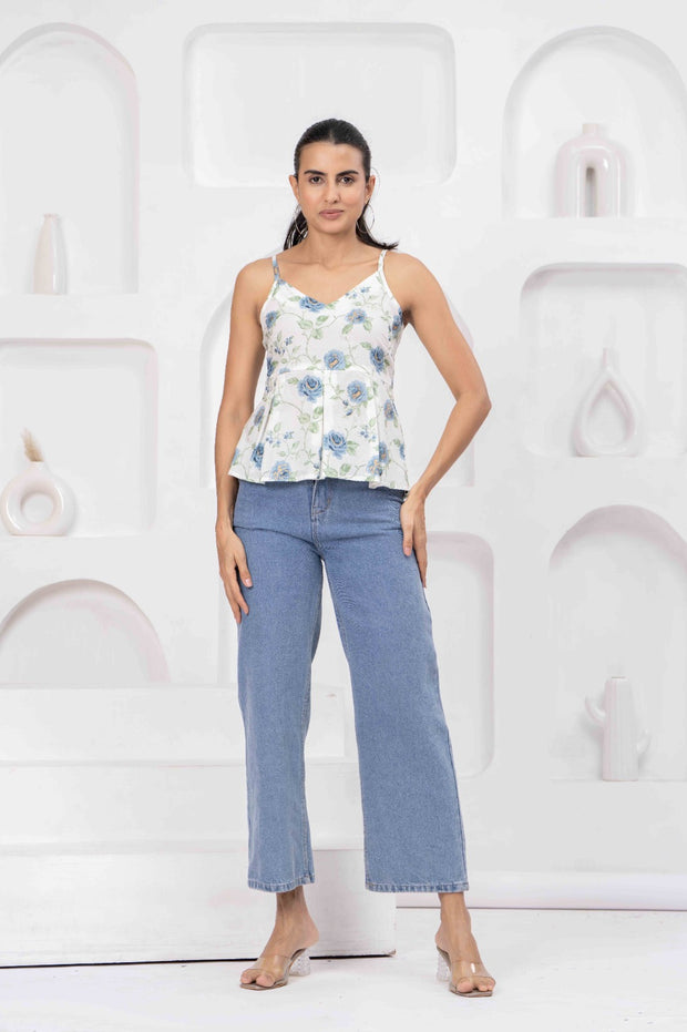 White Printed Sleeveless Top for Women