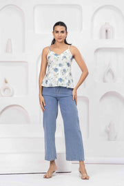 White Printed Sleeveless Top for Women