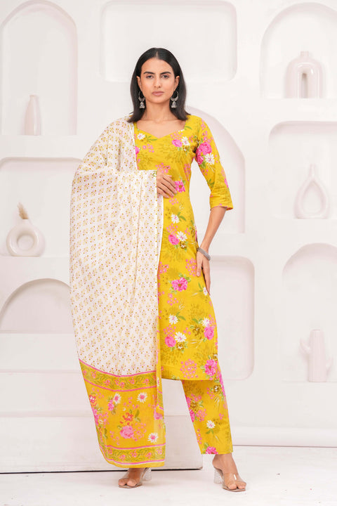 Yellow Printed Straight Kurta Set With Dupatta for Women