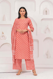 Rust Printed Straight Kurta Set With Dupatta for Women