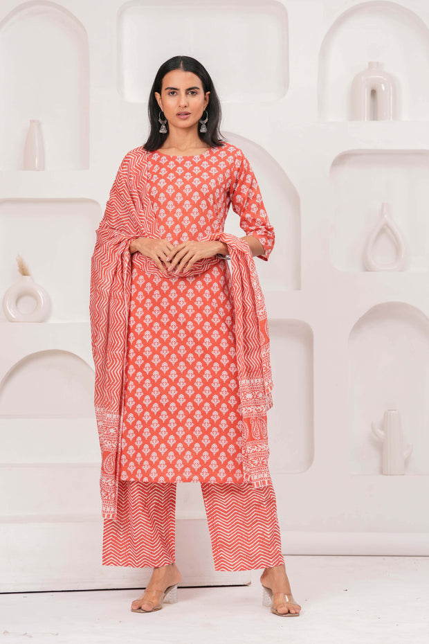 Rust Printed Straight Kurta Set With Dupatta for Women