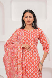 Rust Printed Straight Kurta Set With Dupatta for Women
