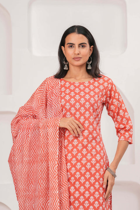 Rust Printed Straight Kurta Set With Dupatta for Women