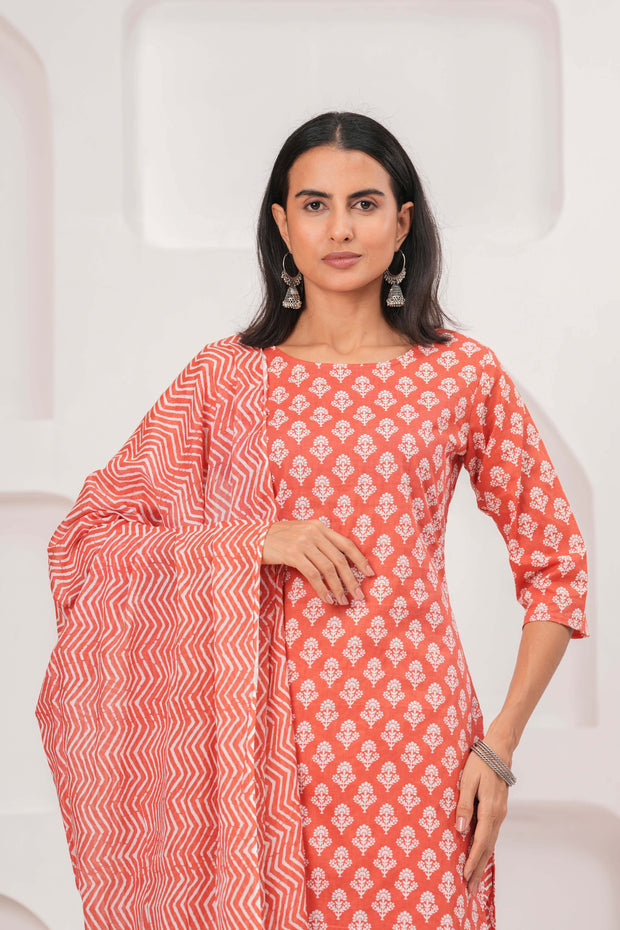 Rust Printed Straight Kurta Set With Dupatta for Women