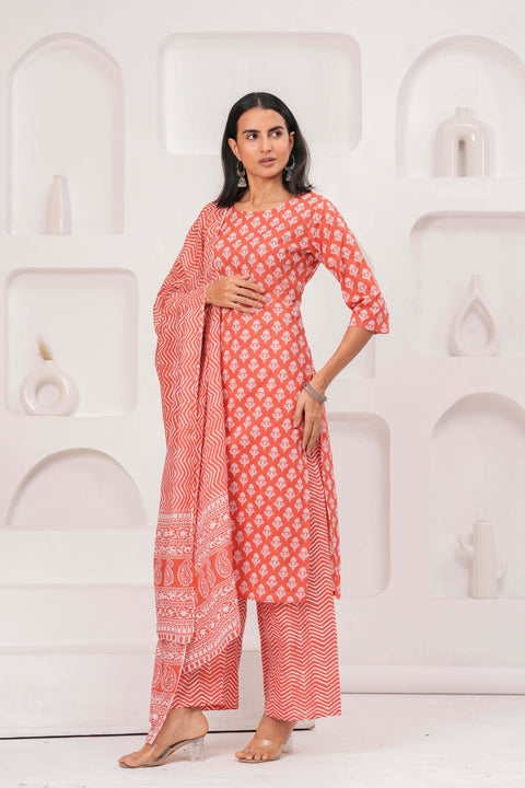Rust Printed Straight Kurta Set With Dupatta for Women