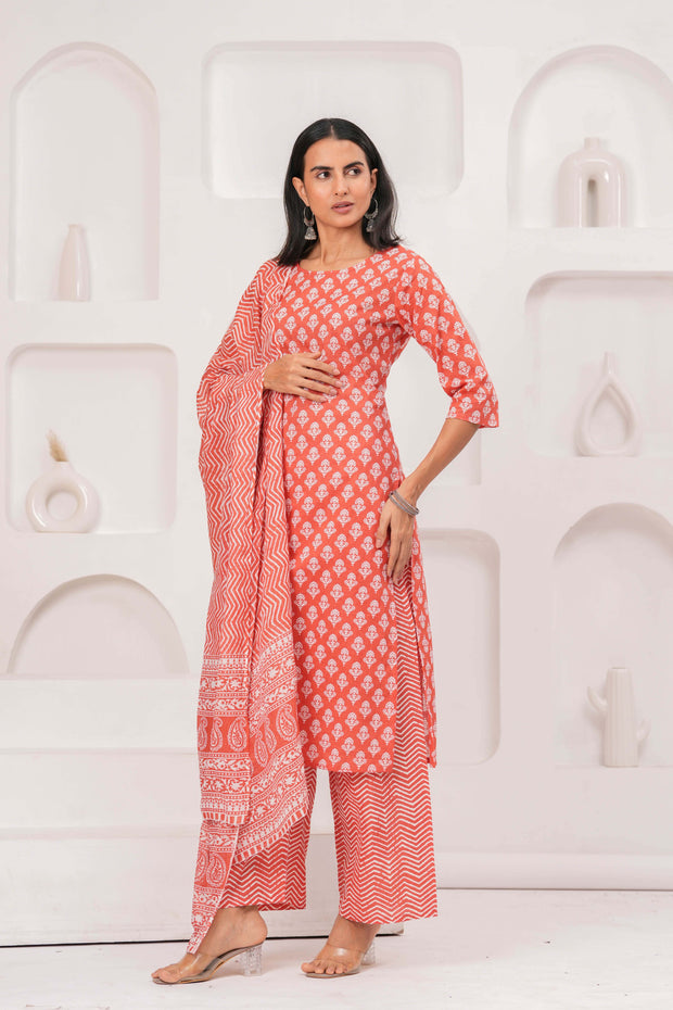 Rust Printed Straight Kurta Set With Dupatta for Women