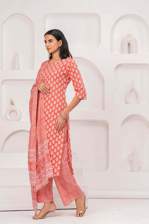 Rust Printed Straight Kurta Set With Dupatta for Women